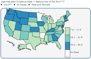 Melanoma rate by state. Courtesy of National Cancer Institute